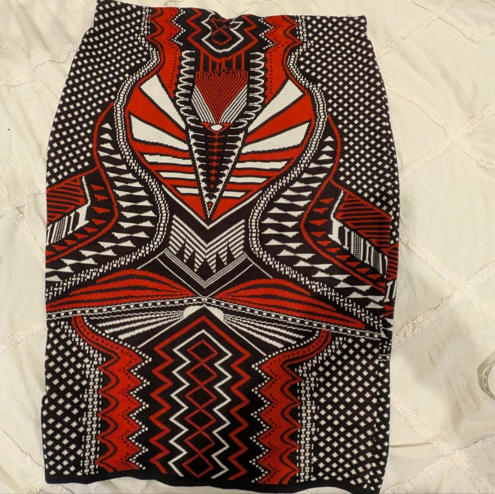 K Glam Red and Black Geometric Knit Pencil Skirt - XL